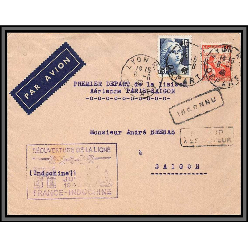 10188 N°726 GANDON reouverture de la ligne france indochine 8/6/1946 lyon saigon lettre cover France aviation 
