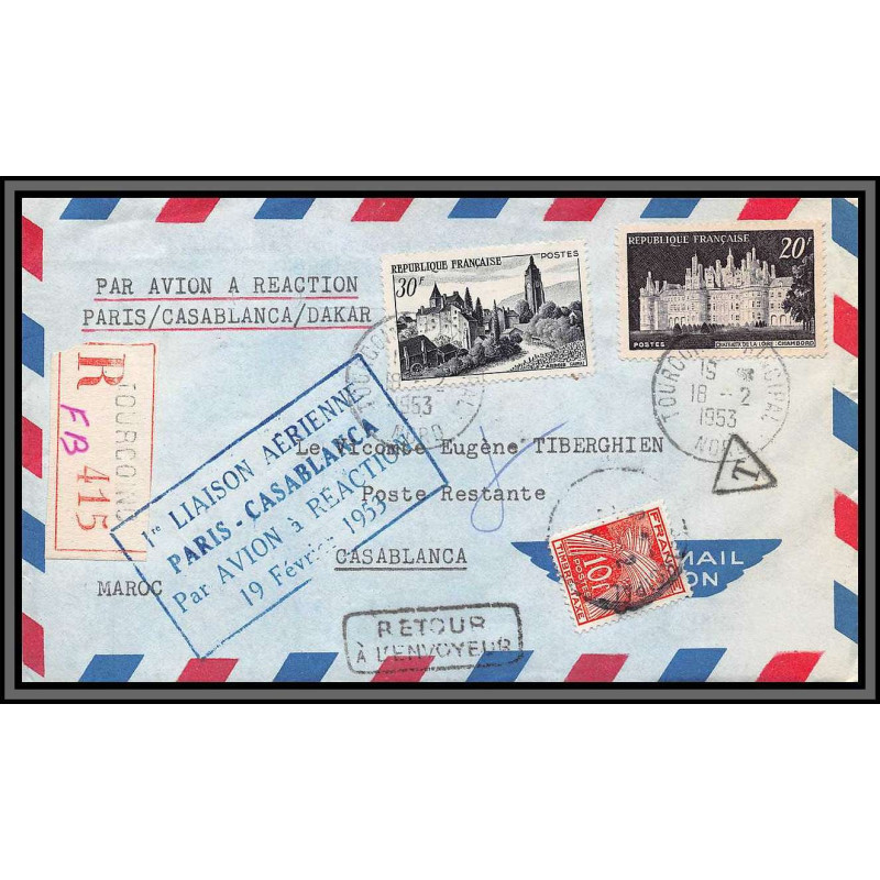 10226 1ère liaison aérienne paris casablanca 18/2/1953 taxé maroc arbois chambord lettre cover France aviation 
