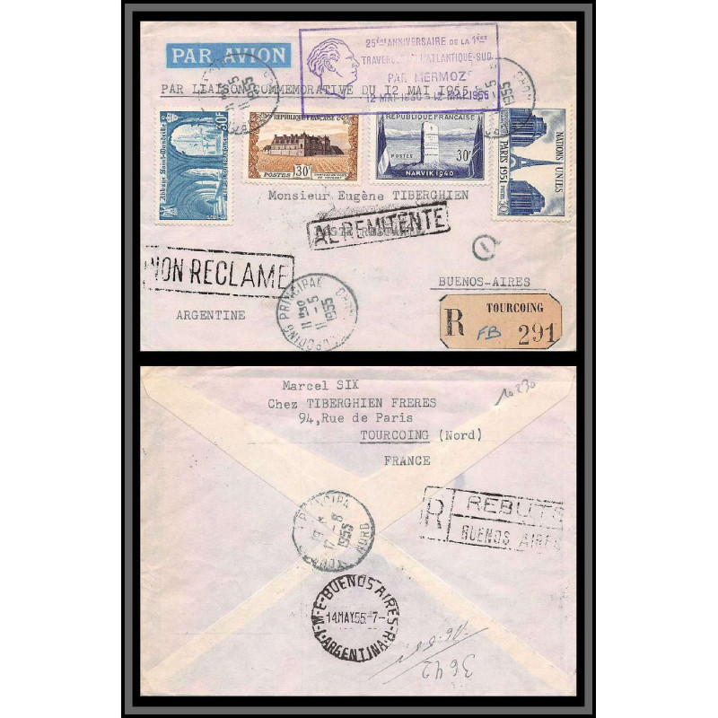 10230 25ème anniversaire traversée de l'atlantique sud mermoz 12/5/1955 buenos ayres argentina tourcoing lettre cover
