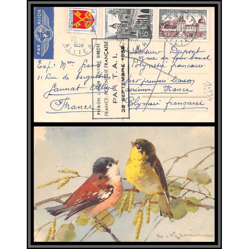 10234 1ère liaison aérienne directe par TAI france polynésie carte postale postacard originale faite main oiseaux birds