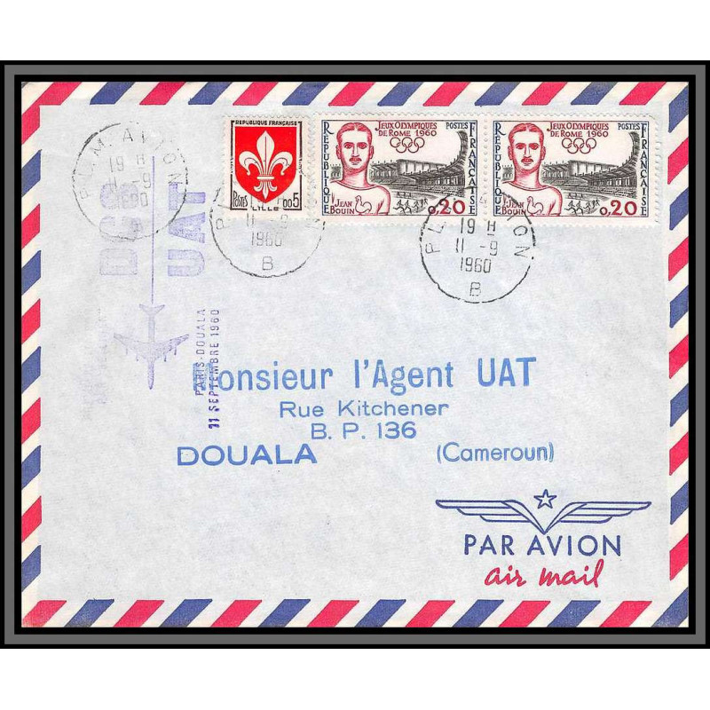 10257 N°1265 jean bouin olympics roma 1ère liaison par jetliner dc8 UAT PARIS johanesburg rsa 14/9/1960 lettre cover