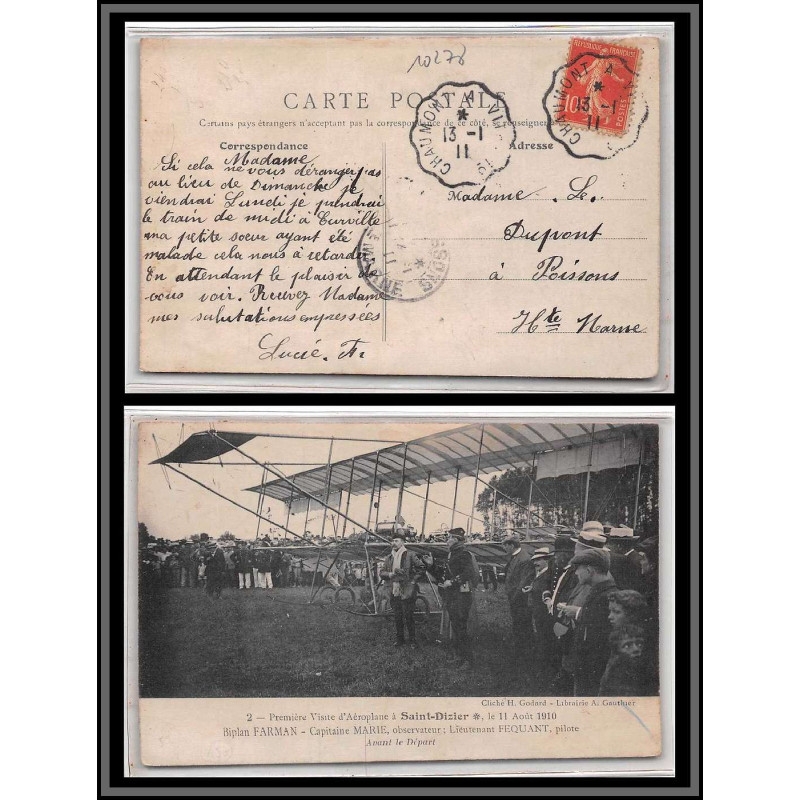 10278 biplan farman 1ère visite à st dizier 1910 convoyeur chaumont a vitry pour poissons carte postale postacard France