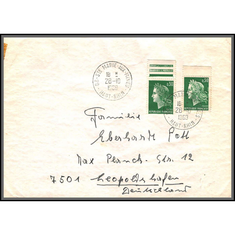 10309 N°1536A + 1611 cheffer les 2 types seul sur lettre sainte marie aux mines 18/10/1969 Haut-Rhin cover France 
