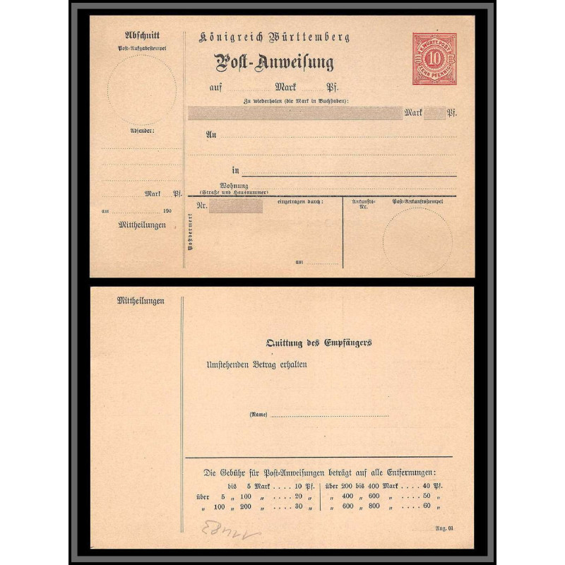 11483 Postanweisung entier stationery neuf tb carte postale postcard allemagne konigreich Wurtemberg 