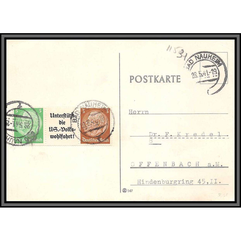 11531 maréchal hindenburg Bad Nauheim pour offenbach 1941 carte postale postcard poskarte allemagne deutsches reich 