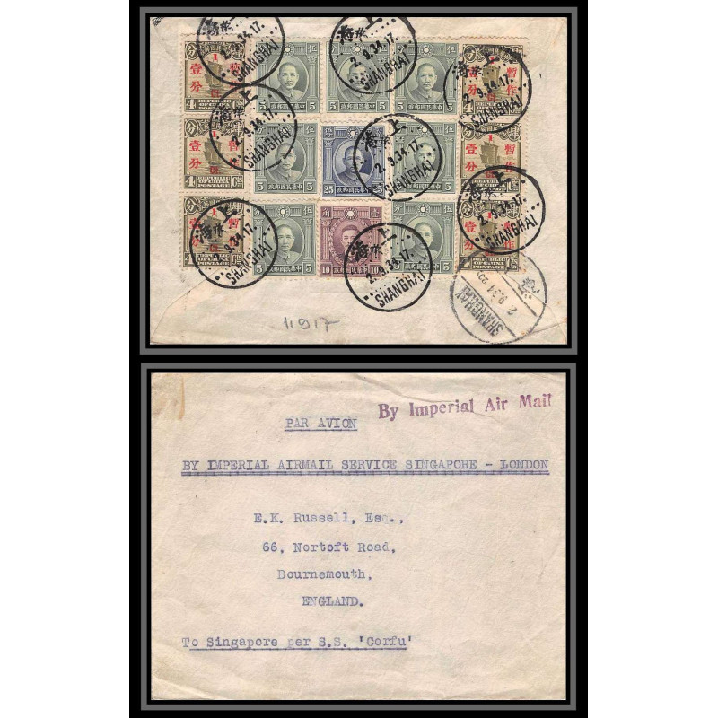 11917 par avion imperial airmail service singapore london ss corfu shanghai 2/9/1934 lettre cover chine china aviation 