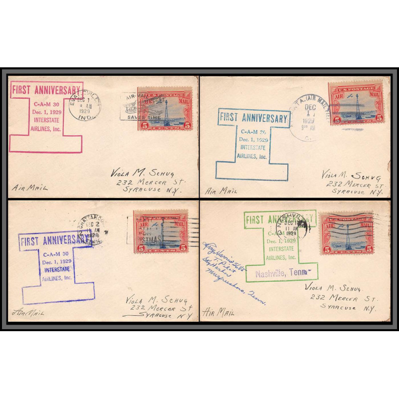 12003 lot de 4 couleurs first anniversary CAM 30 interstate airlines 1/12/1929 premier vol first flight lettre airmail