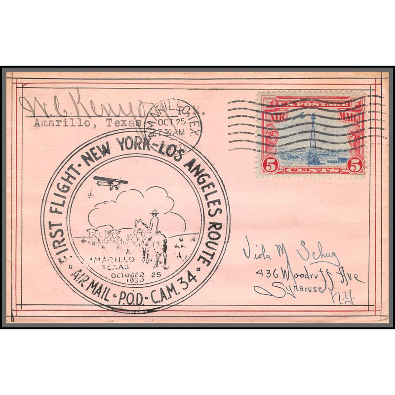 12015 signé signed amarillo texas 25/10/1930 premier vol first flight new york los angélès cam 34 lettre airmail cover