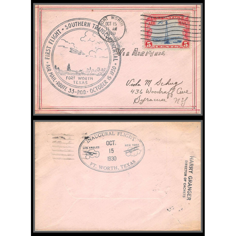 12021 fort worth 15/10/1930 premier vol first flight route 33 southern transcontinental lettre airmail cover usa 