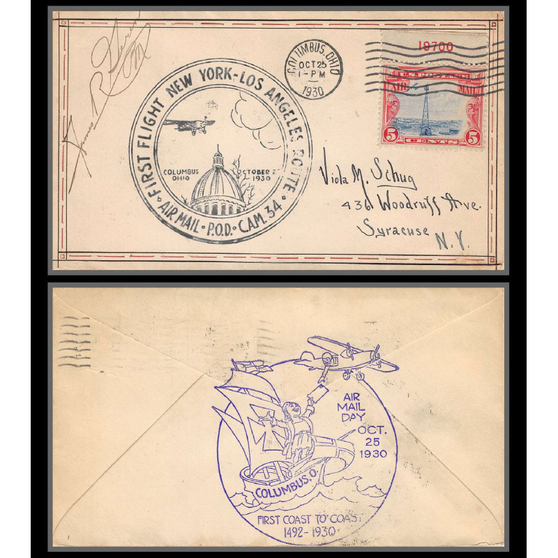 12024 signé signed colombus 25/10/1930 premier vol first flight new york los angélès cam 34 lettre airmail cover usa 