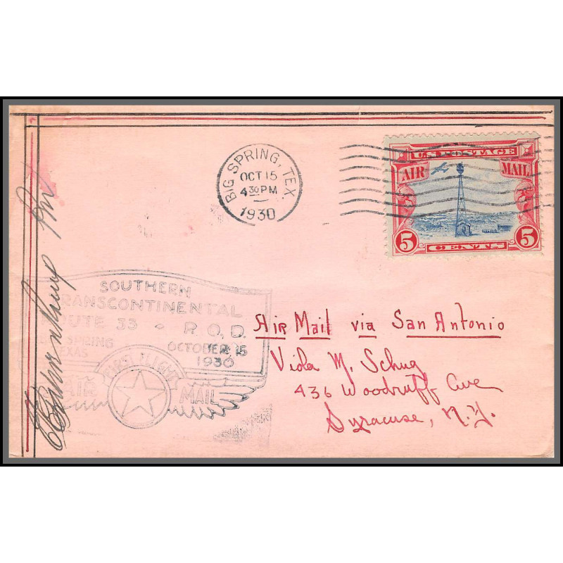 12058 signé signed big spring texas 15/10/1930 route 33 southern transcontinental premier vol first flight lettre 
