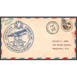 12086 signé signed pilot 5th anniversary am 33 new orleans 1/5/1933 premier vol first flight airmail entier stationery