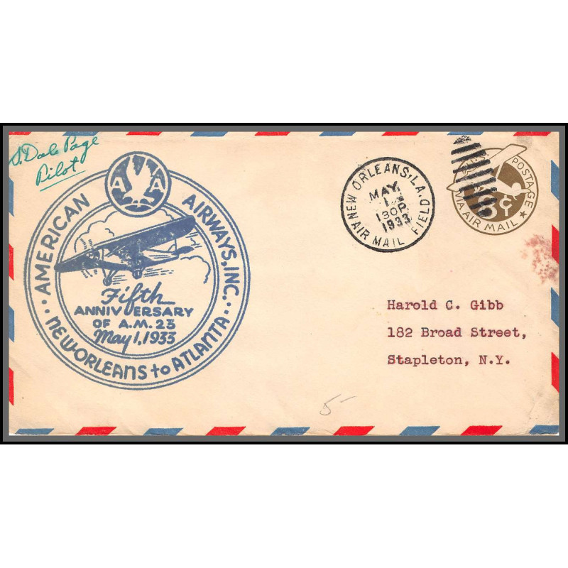 12086 signé signed pilot 5th anniversary am 33 new orleans 1/5/1933 premier vol first flight airmail entier stationery