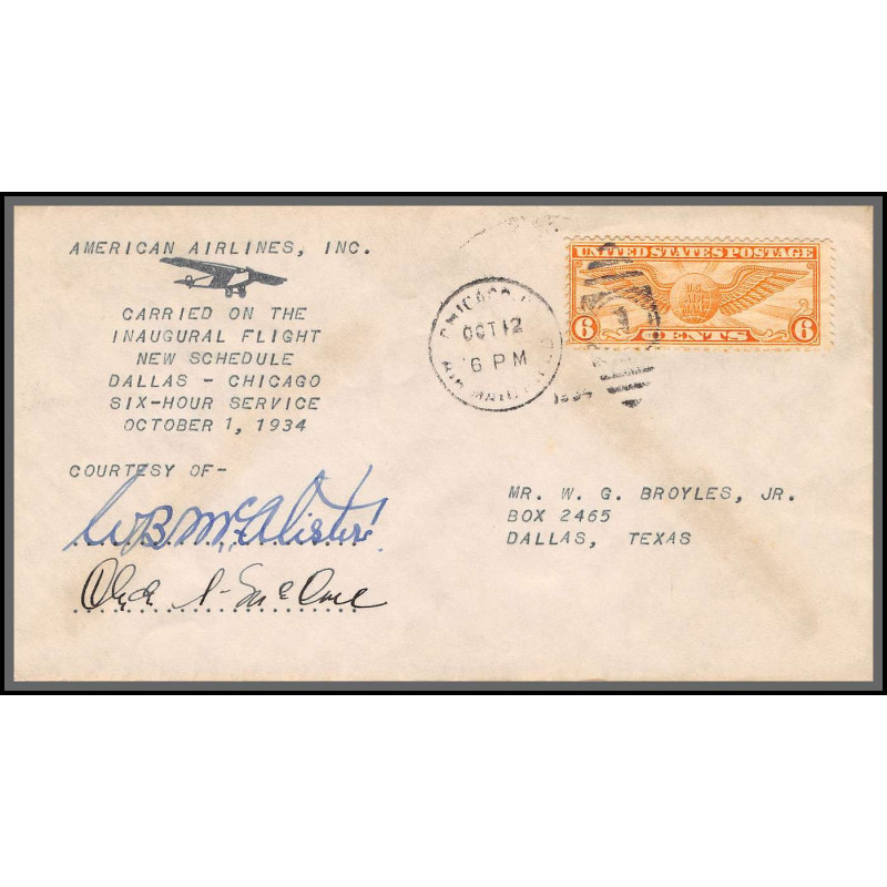 12089 signé signed 1/12/1934 premier vol first inaugural flight new schedule dallas chicago lettre airmail cover usa 