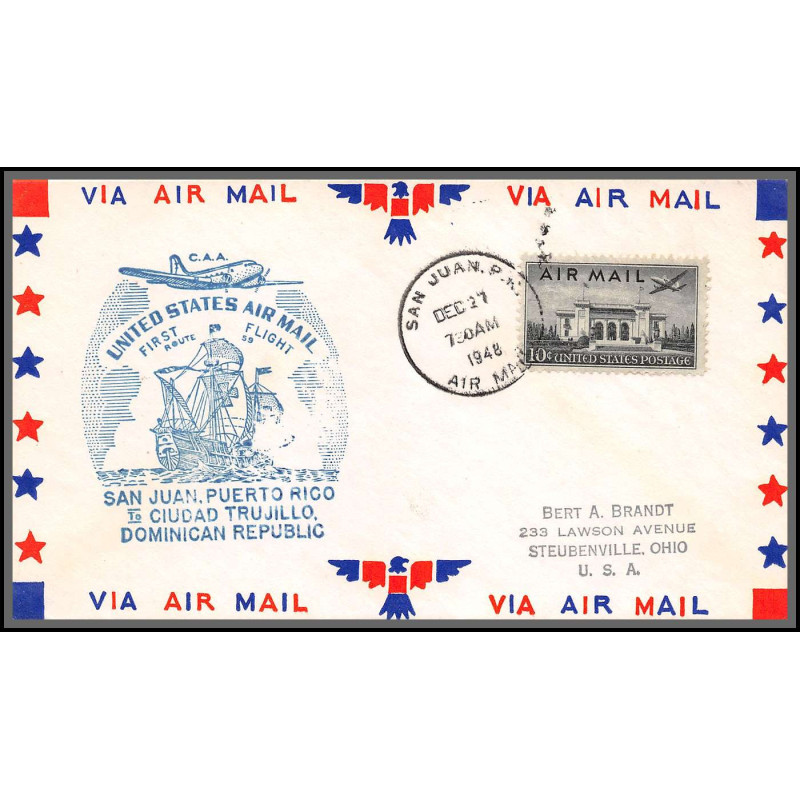 12199a fam 59 san juan porto rico to Ciudad Trujillo dominican republic 27/12/1948 premier vol first flight lettre 