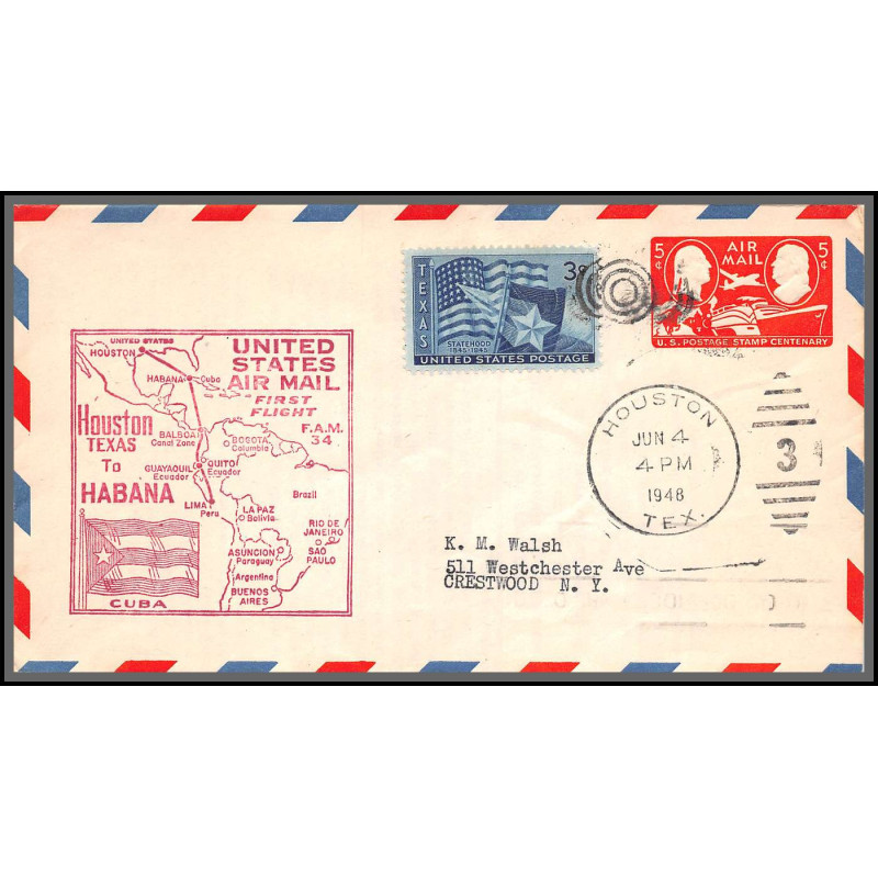 12201b enveloppe rouge fam 34 houston to habana cuba 4/6/1948 premier vol first flight lettre airmail cover usa aviation