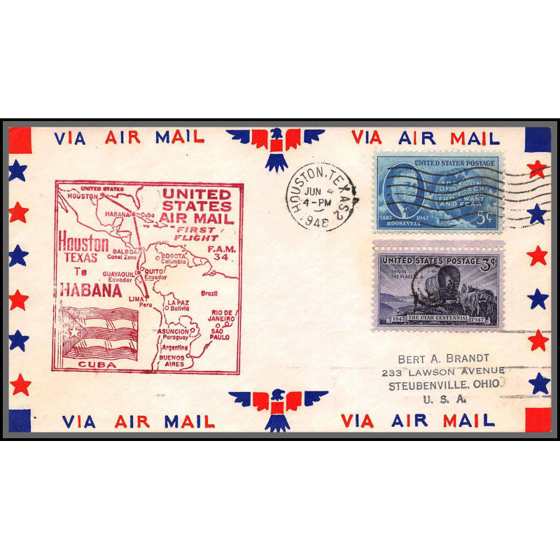 12201f enveloppe rouge fam 34 houston to habana cuba 4/6/1948 premier vol first flight lettre airmail cover usa aviation