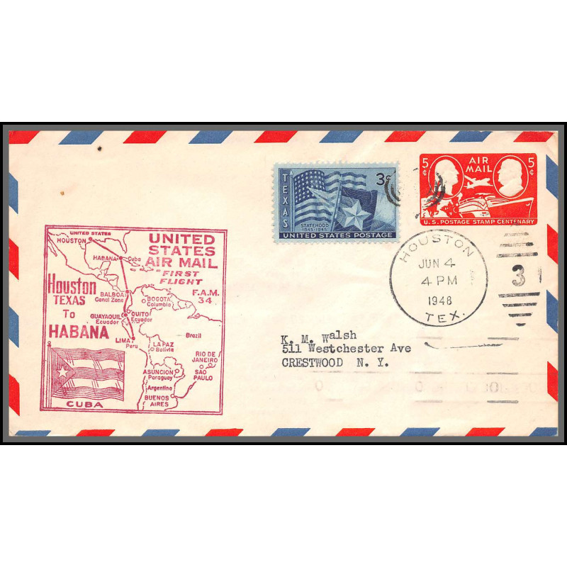 12201h enveloppe rouge fam 34 houston to habana cuba 4/6/1948 premier vol first flight lettre airmail cover usa aviation