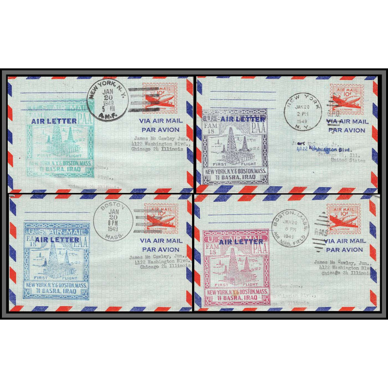 12207 lot 4 couleurs fam 18 new york basra iraq 20/1/1949 premier vol first flight airmail stationery entier usa 