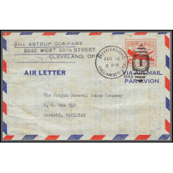 12208 cleveland karachi pakistan 16/2/1949 premier vol first flight airmail stationery entier usa aviation