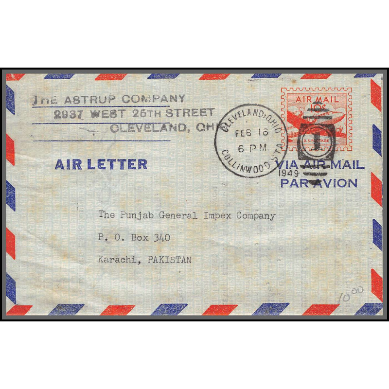 12208 cleveland karachi pakistan 16/2/1949 premier vol first flight airmail stationery entier usa aviation