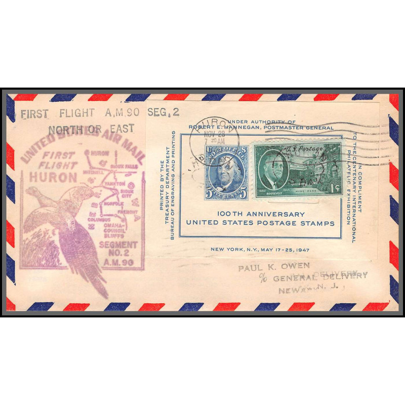 12211 am 90 huron 28/11/1949 premier vol first flight lettre airmail cover usa aviation