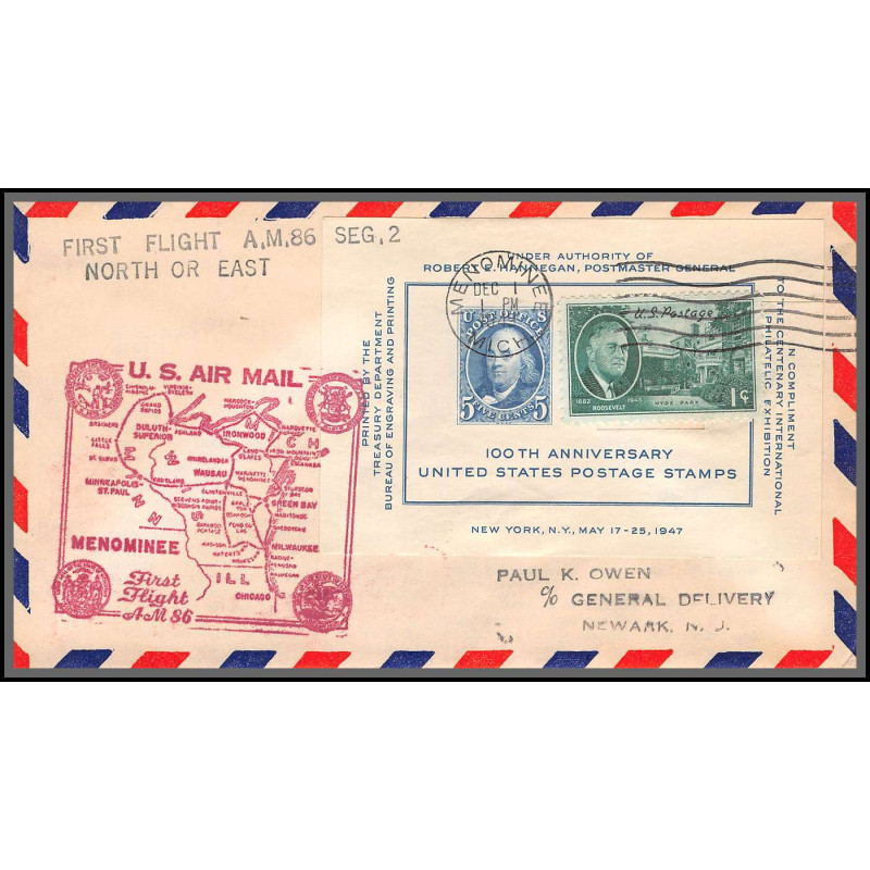 12212 am 90 menominee 1/12/1949 premier vol first flight lettre airmail cover usa aviation