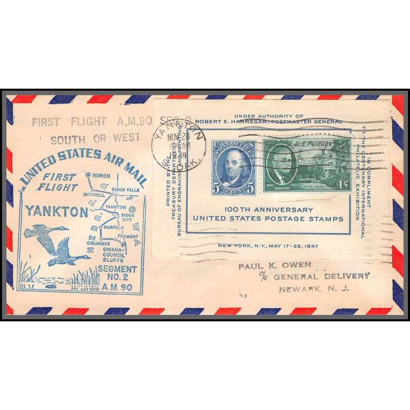 12214 am 90 yanaton 28/11/1949 premier vol first flight lettre airmail cover usa aviation