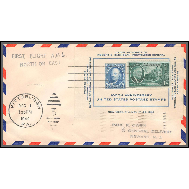 12216 am 6 pittsburgh 1/12/1949 premier vol first flight lettre airmail cover usa aviation