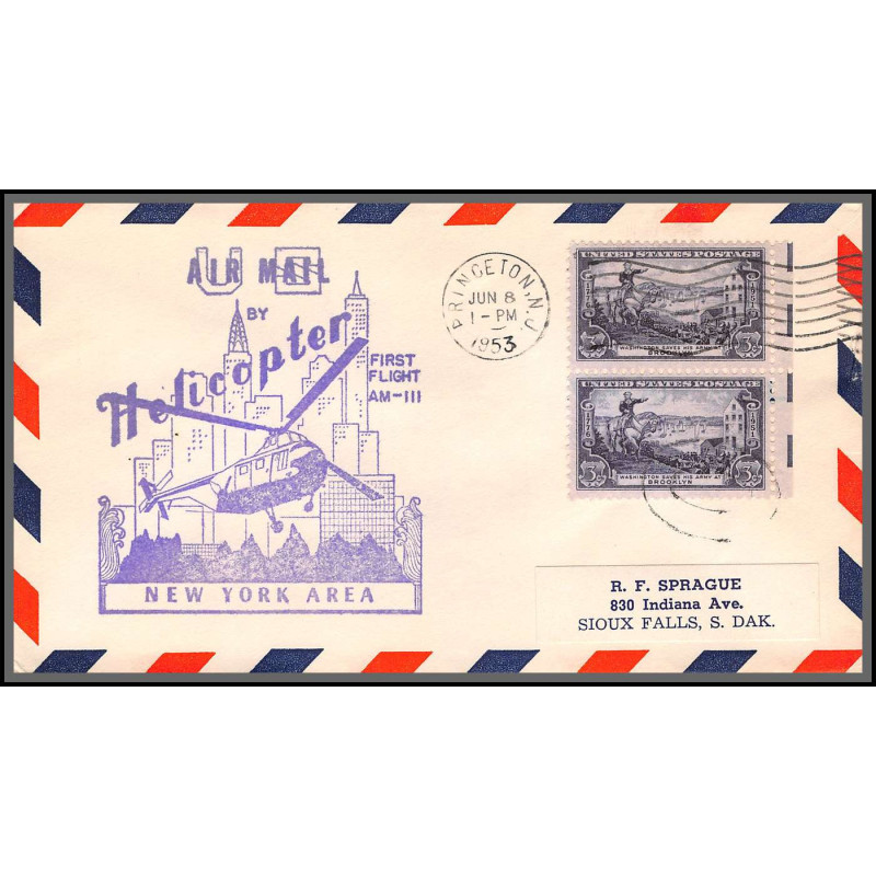 12232 am 3 helicopter princeton 8/6/1953 premier vol first flight lettre airmail cover usa aviation