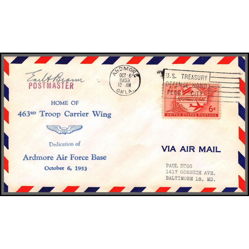 12233 signed signé 463rd troop carrier wing ardmore 6/10/1953 premier vol first flight lettre airmail cover usa aviation