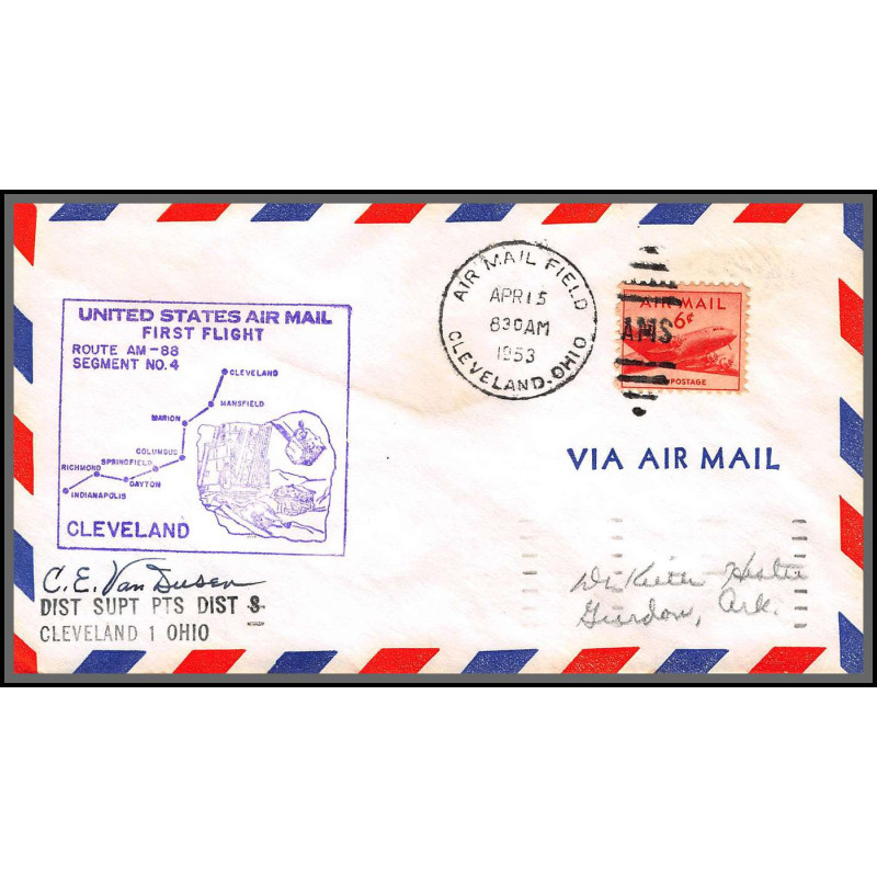 12243 signed signé am 88 cleveland 15/4/1953 premier vol first flight lettre airmail cover usa aviation
