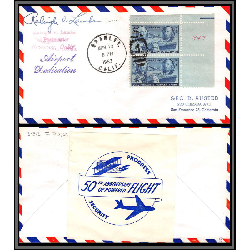 12260 signed signé dedication branley airport 12/4/1953 premier vol first flight lettre airmail cover usa aviation