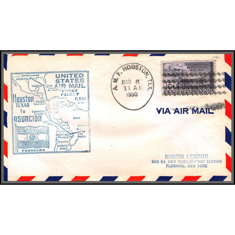 12262 fam 34 houston to asuncion paraguay 6/3/1953 premier vol first flight lettre airmail cover usa aviation