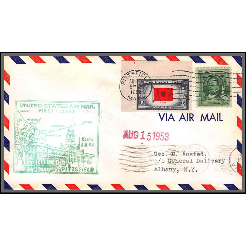 12278 am 94 pittsfield 3/8/1953 premier vol first flight lettre airmail cover usa aviation