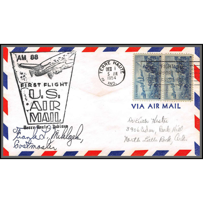 12285 signed signé am 88 terre haute 1/12/1954 premier vol first flight lettre airmail cover usa aviation