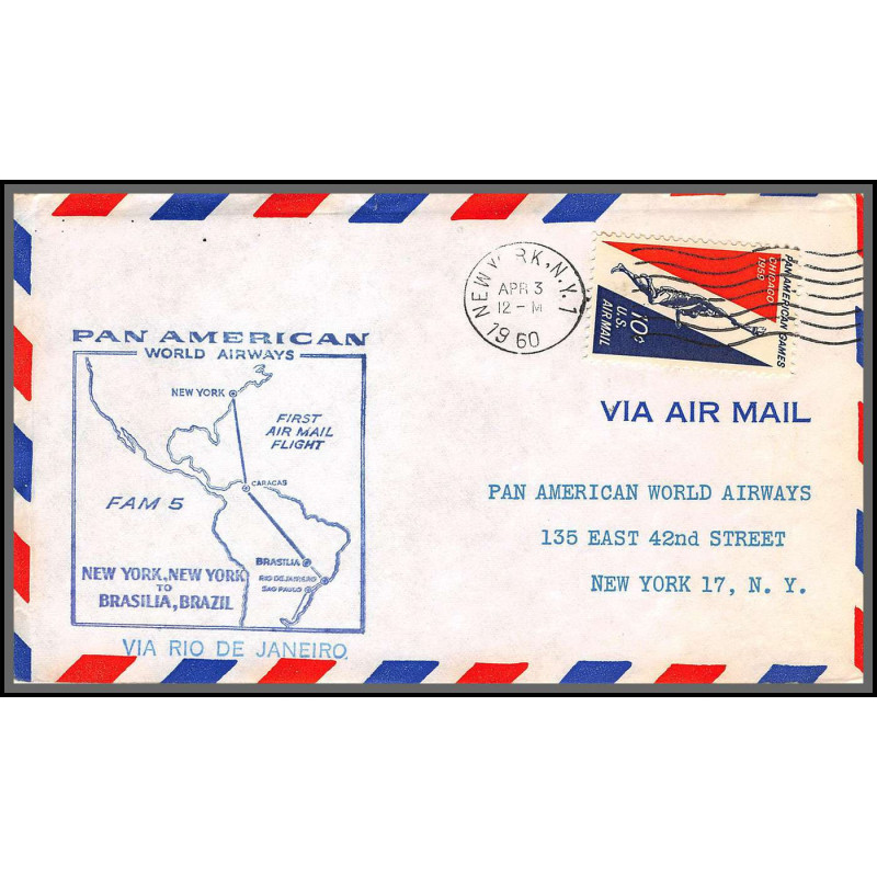 12379 fam 5 pan american new york rio brasilia brazil 3/4/1960 premier vol first flight lettre airmail cover usa 
