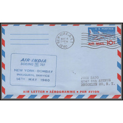 12386 new york bombay boeing 707 air india 14/5/1960 premier vol first flight airmail entier stationery usa aviation
