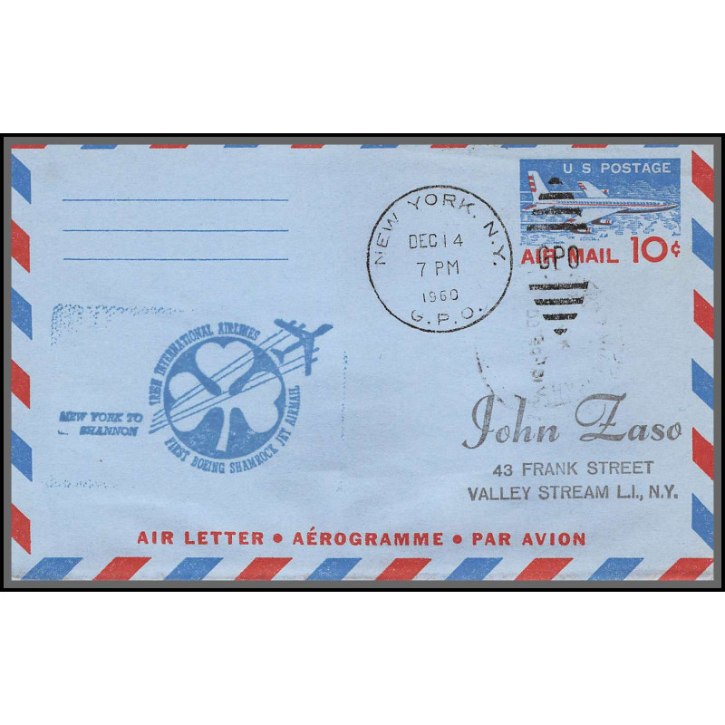 12387 new york to shannon ireland 14/12/1960 premier vol first flight airmail entier stationery usa aviation