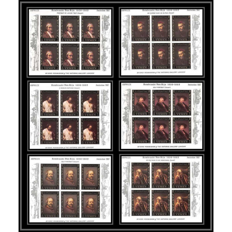485 - Yemen kingdom MNH ** N° 278 / 283 B OR (gold) Rembrandt feuilles sheets tableaux paintings Non dentelé imperf