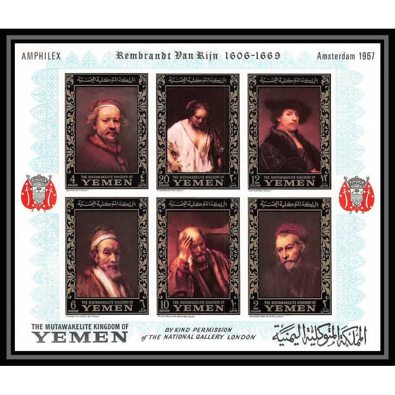 485b - Yemen kingdom MNH ** Bloc N° 37 B OR (gold) Rembrandt (Nederland) (tableaux painting) non dentelé (Imperf)