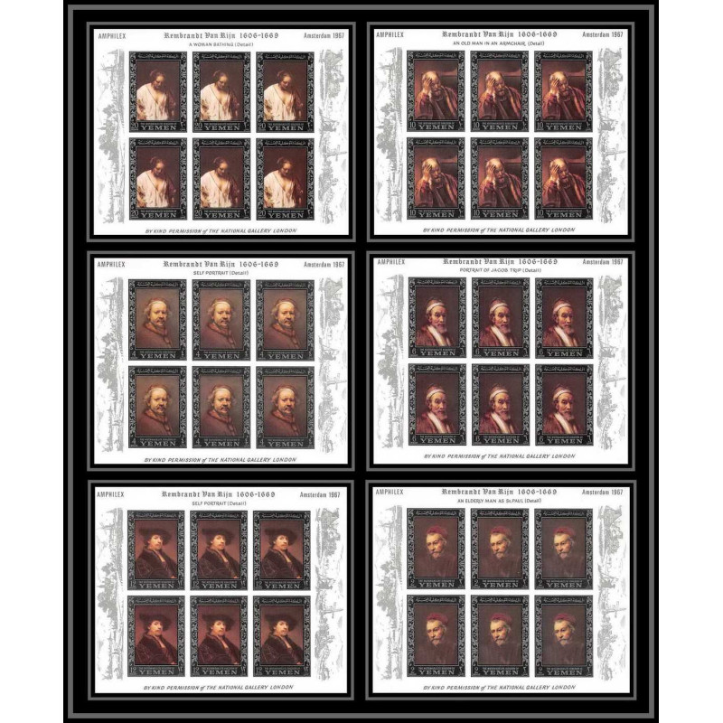 487 Yemen kingdom MNH ** N° 284 / 289 B Argent (silver) Rembrandt feuilles sheets (tableaux painting) non dentelé imperf
