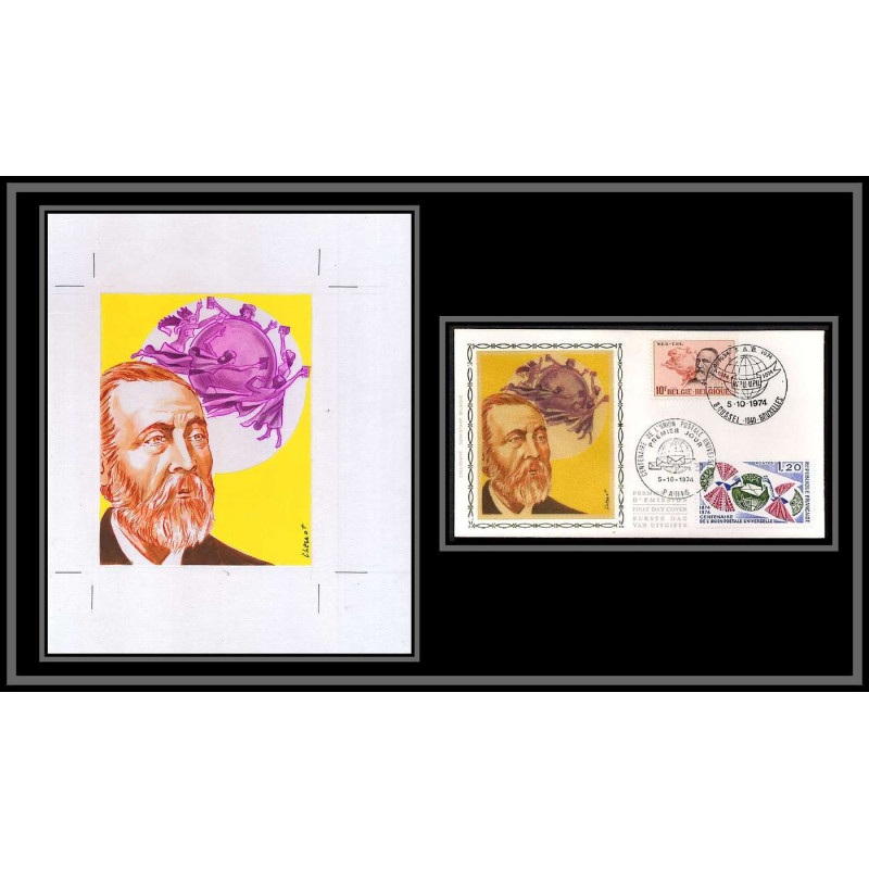 3000 France N°1817 belgique N°1730 Maquette d'artiste original paint artist work FDC 1974 signé signed Jean Chesnot upu