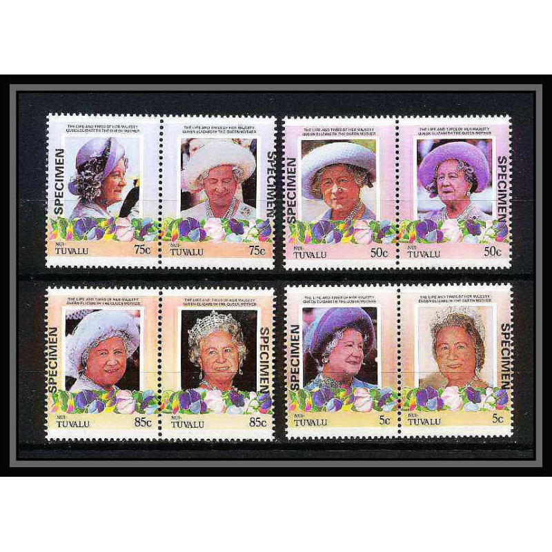 594 Nui tuvalu MNH ** 1985 Mi N° 45-52 Sc 49/52 Elizabeth Queen Mother Overprint specimen Proof