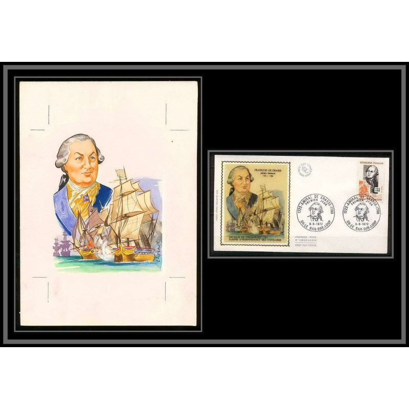3015 France 1727 Amiral de Grasse usa austrian war Maquette d'artiste original paint artist work FDC 1972 signé Chesnot