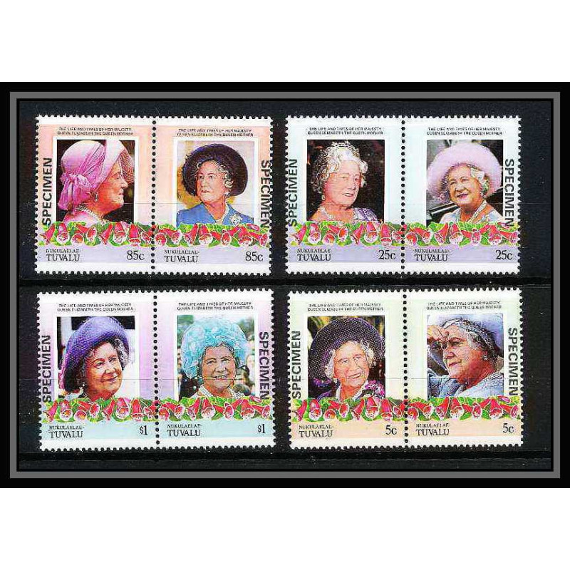 600 Nukulaelae tuvalu ** MNH 1985 N° 47-50 Elizabeth Queen Mother Overprint specimen Proof