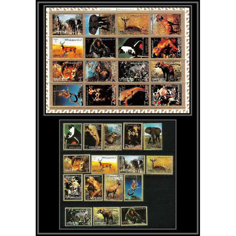 615b - Ajman - MNH ** Mi N° 2685 / 2700 A + Bloc animals animaux mammal singes (singe monkeys guepard éléphants singes