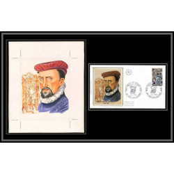 3018 France N°1744 Amiral de Coligny protestant Maquette d'artiste original paint artist work FDC 1973 signé Chesnot