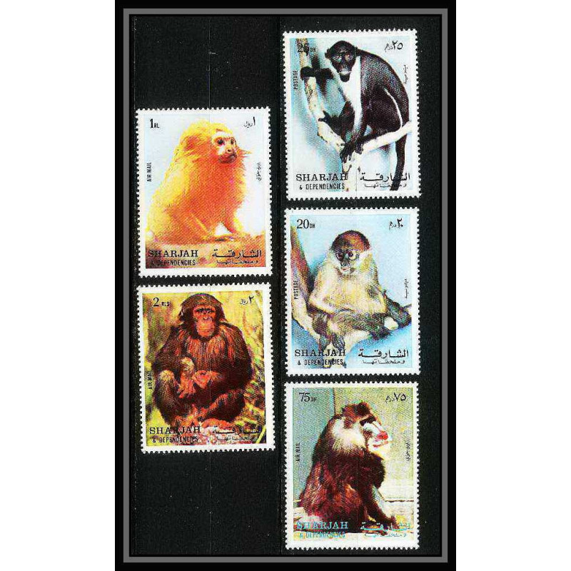 655 Sharjah - MNH ** Mi N° 1012 / 1016 A singes (singe monkey monkeys ape apes) colombus mandrill chimpanzee tamarin