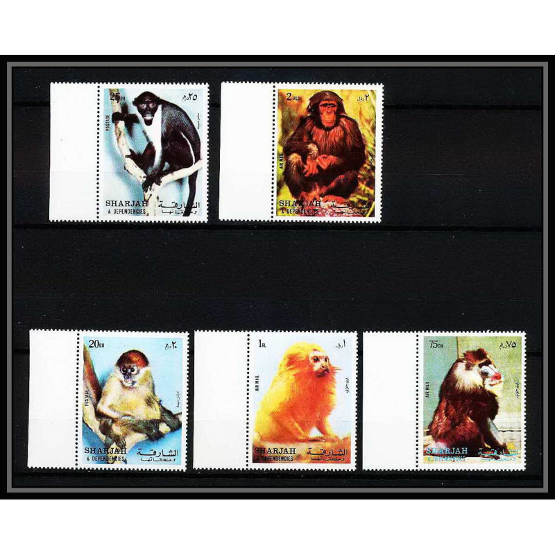 655a Sharjah - MNH ** Mi N° 1012 / 1016 A singes (singe monkey monkeys ape apes) colombus mandrill chimpanzee tamarin
